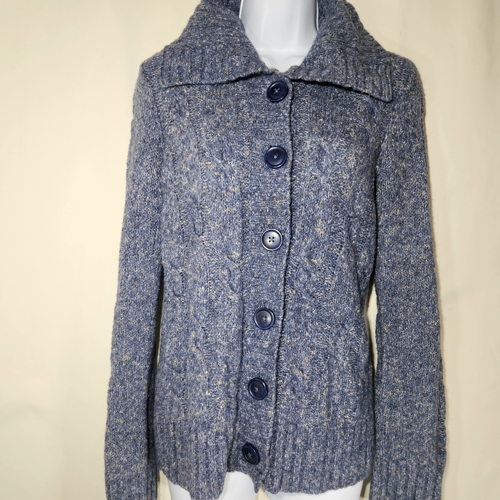 L.L.Bean Womens Cable Knit Sweater Cardigan Jacket Size S Blue Gray Heather